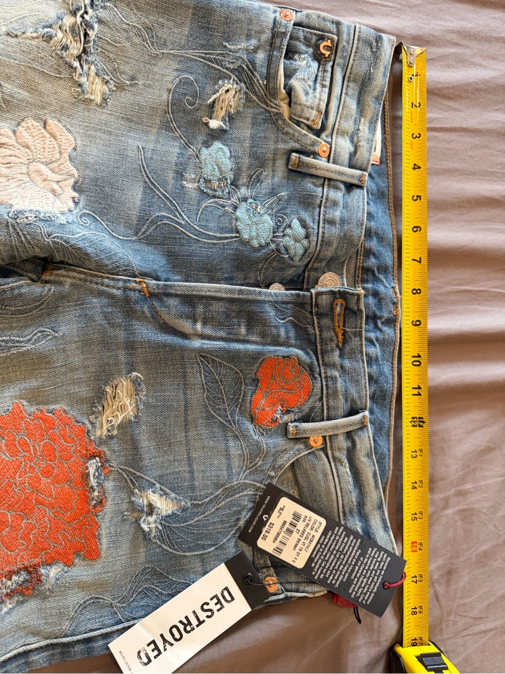 Womens Distressed Embroidered Blue Jeans with Pink & Orange Accents - Picture 2 of 6